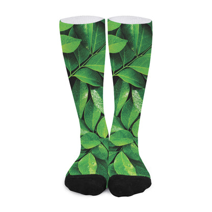 Fresh Green Leaf Print Long Socks
