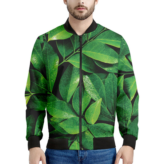 Fresh Green Leaf Print Men's Bomber Jacket