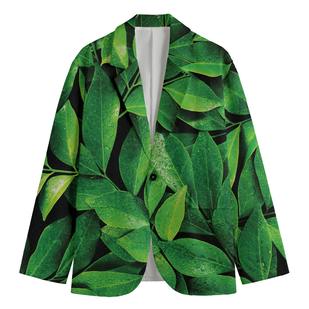 Fresh Green Leaf Print Men's Cotton Blazer