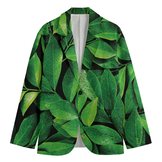 Fresh Green Leaf Print Men's Cotton Blazer