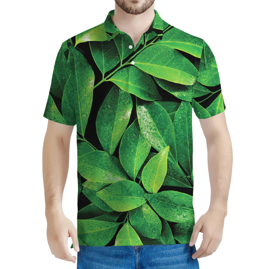 Fresh Green Leaf Print Men's Polo Shirt