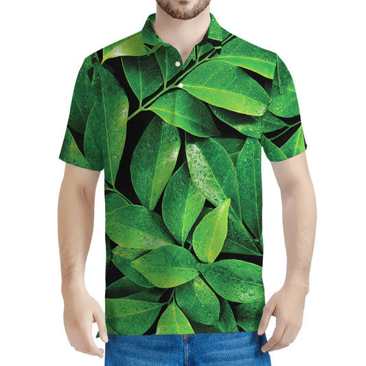 Fresh Green Leaf Print Men's Polo Shirt
