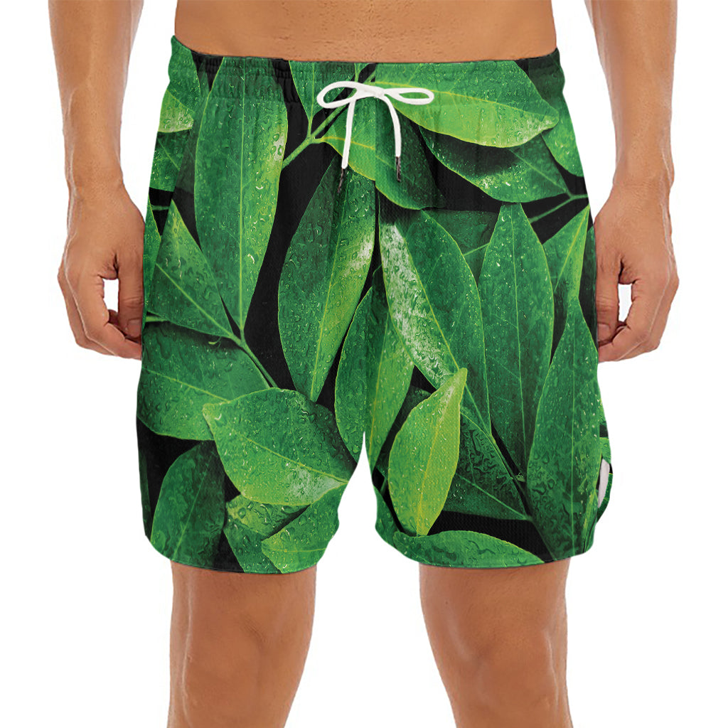 Fresh Green Leaf Print Men's Split Running Shorts