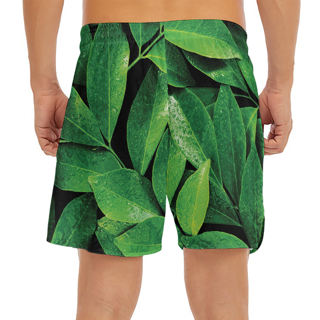 Fresh Green Leaf Print Men's Split Running Shorts
