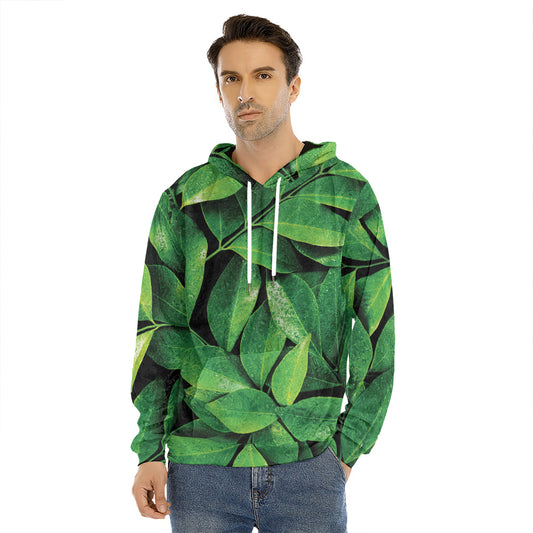 Fresh Green Leaf Print Men's Velvet Pullover Hoodie