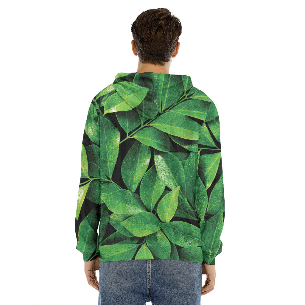 Fresh Green Leaf Print Men's Velvet Pullover Hoodie