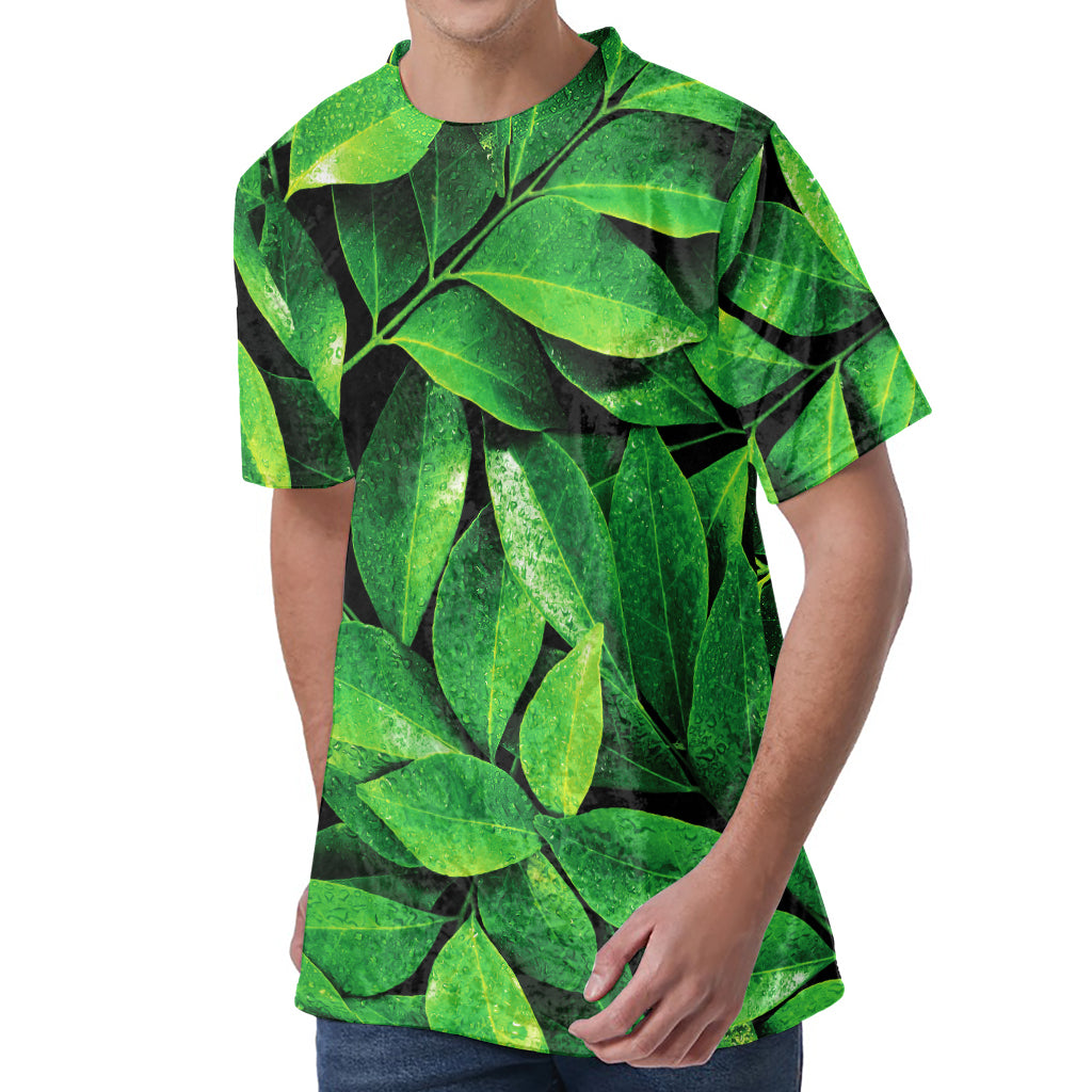 Fresh Green Leaf Print Men's Velvet T-Shirt