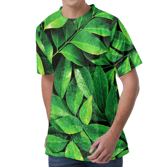 Fresh Green Leaf Print Men's Velvet T-Shirt