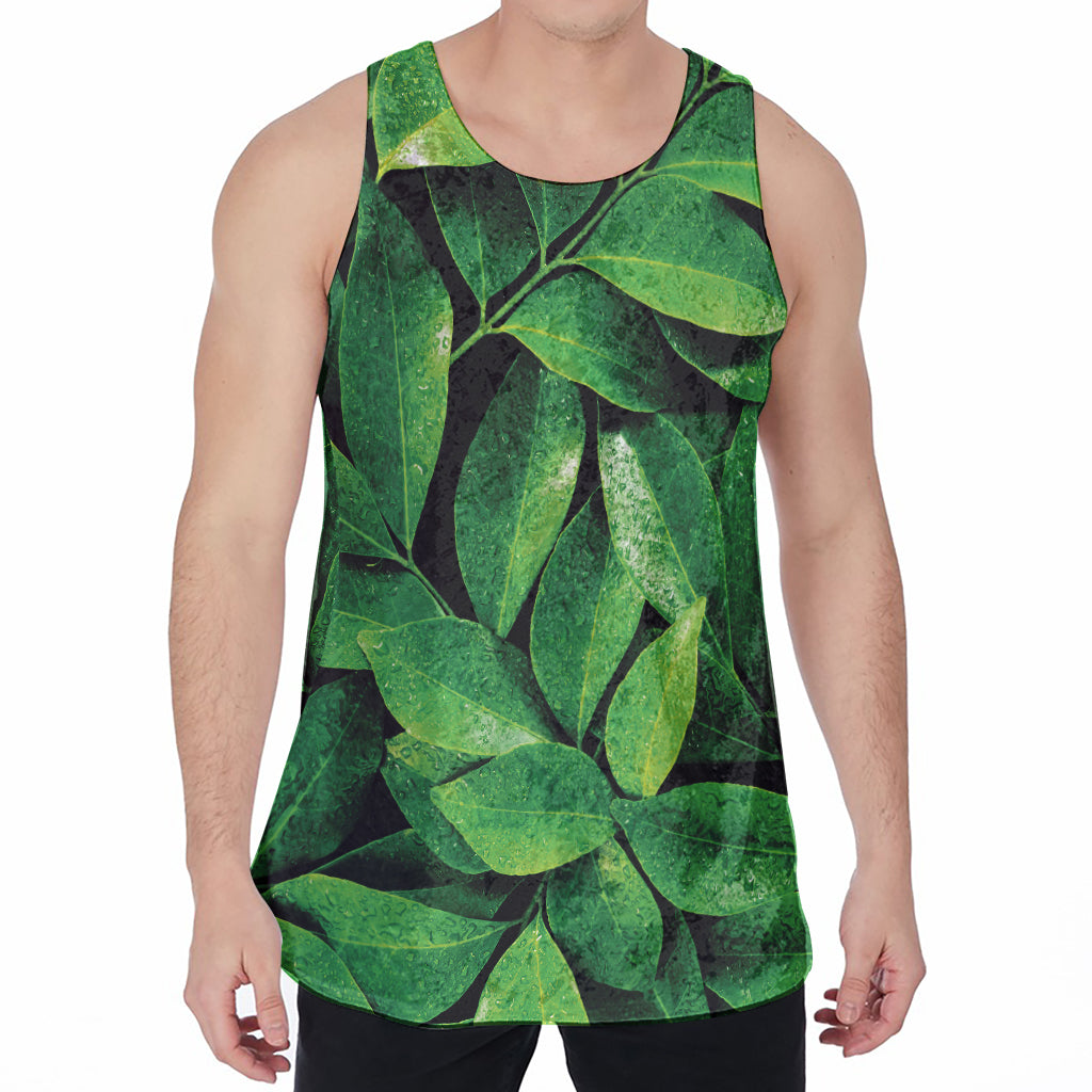Fresh Green Leaf Print Men's Velvet Tank Top