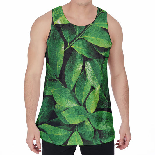 Fresh Green Leaf Print Men's Velvet Tank Top