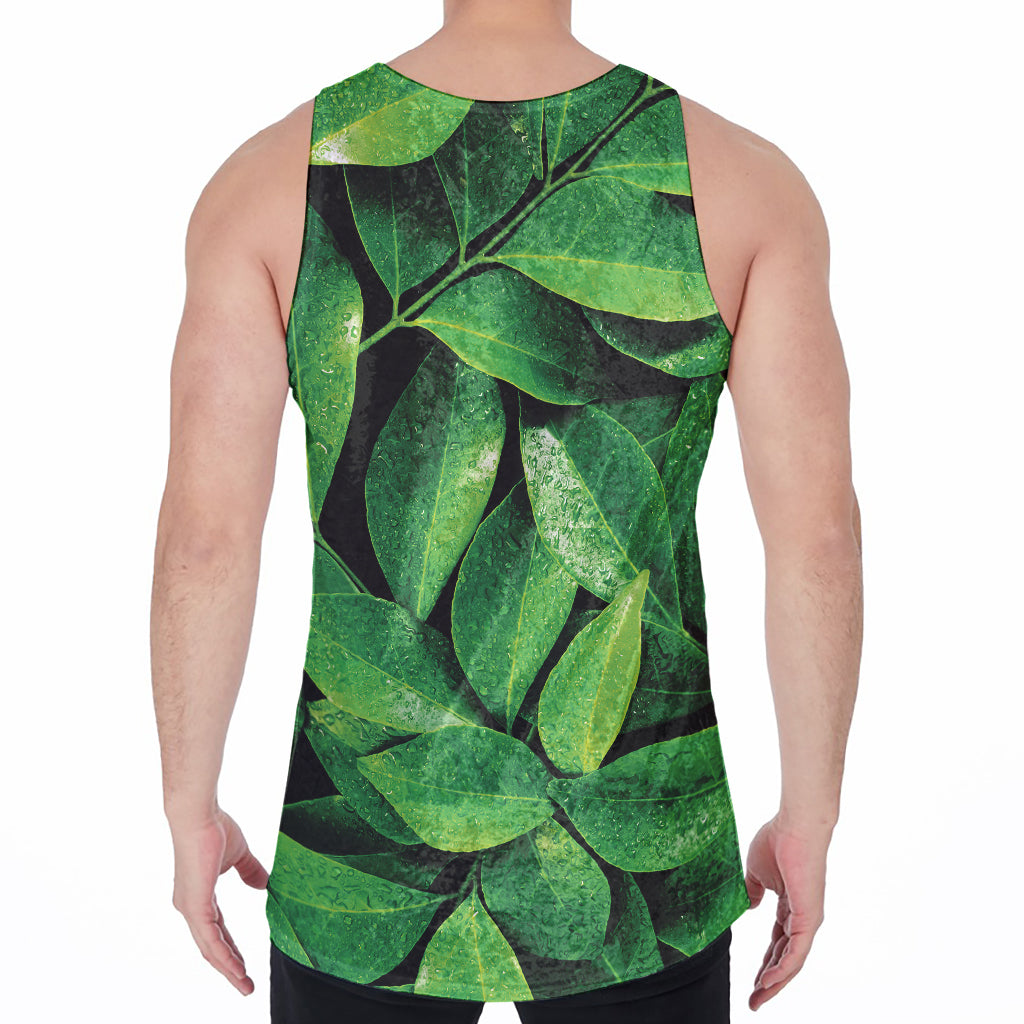 Fresh Green Leaf Print Men's Velvet Tank Top