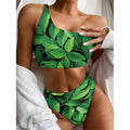 Fresh Green Leaf Print One Shoulder Bikini Set