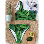 Fresh Green Leaf Print One Shoulder Bikini Top