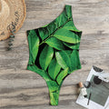 Fresh Green Leaf Print One Shoulder Bodysuit