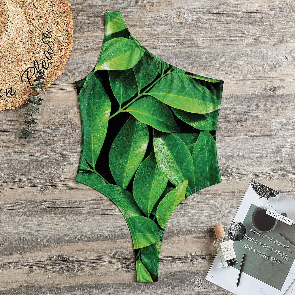 Fresh Green Leaf Print One Shoulder Bodysuit