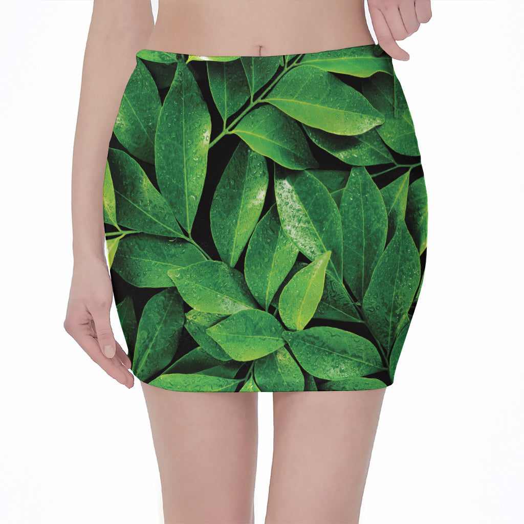 Fresh Green Leaf Print Pencil Mini Skirt