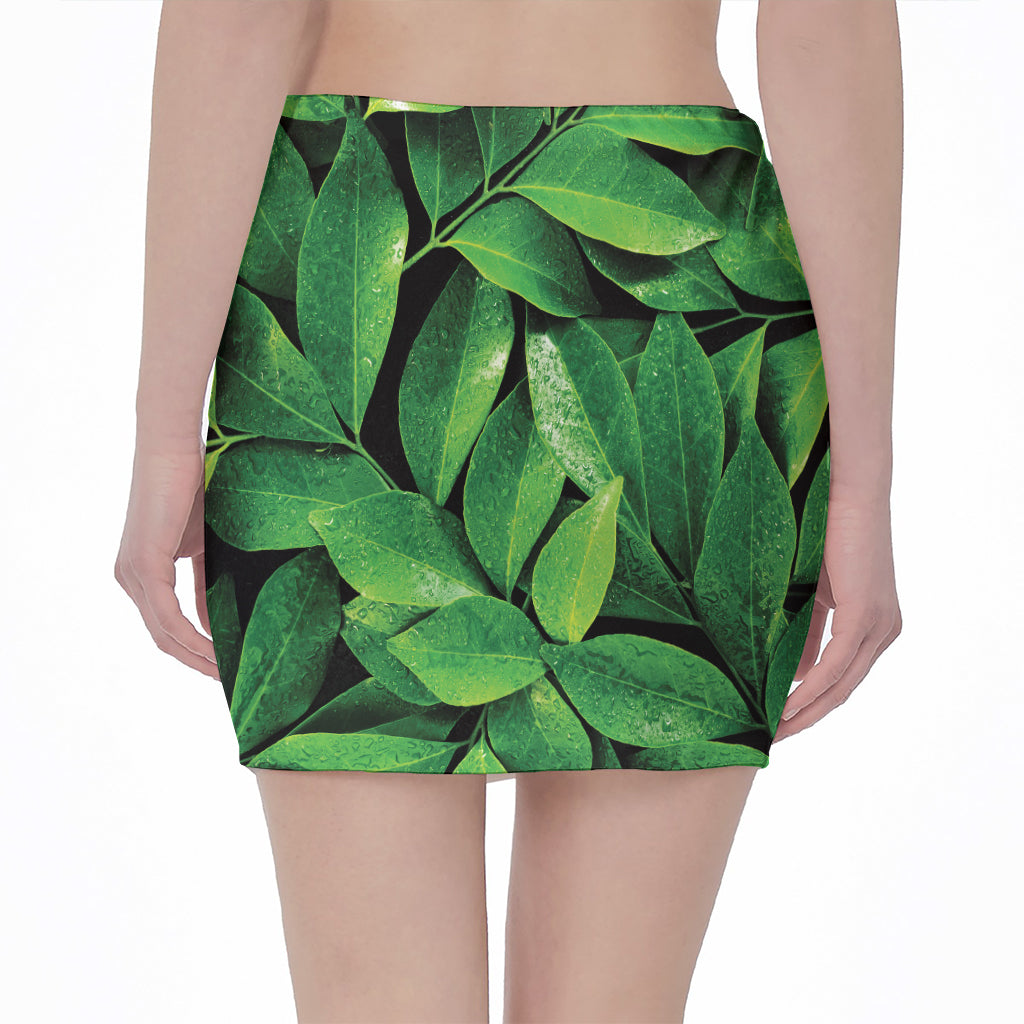 Fresh Green Leaf Print Pencil Mini Skirt