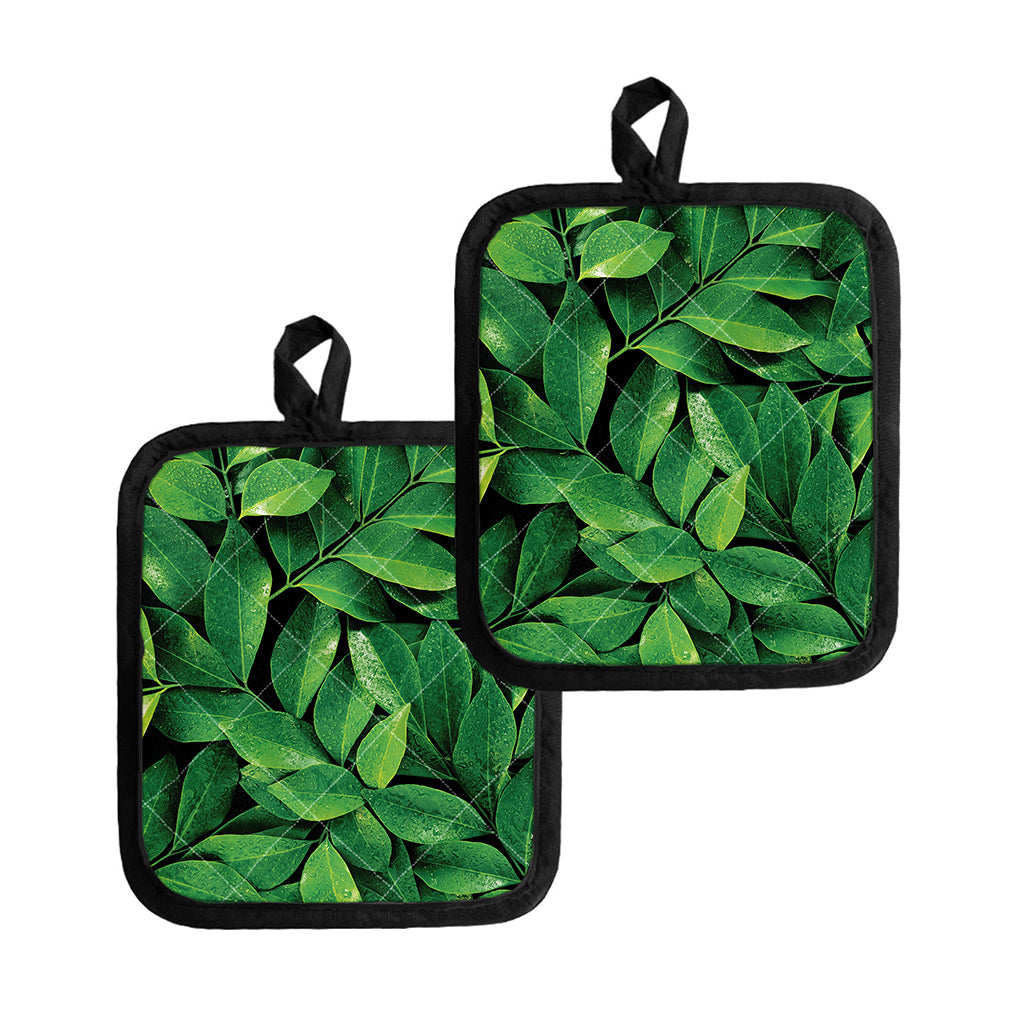 Fresh Green Leaf Print Pot Holders