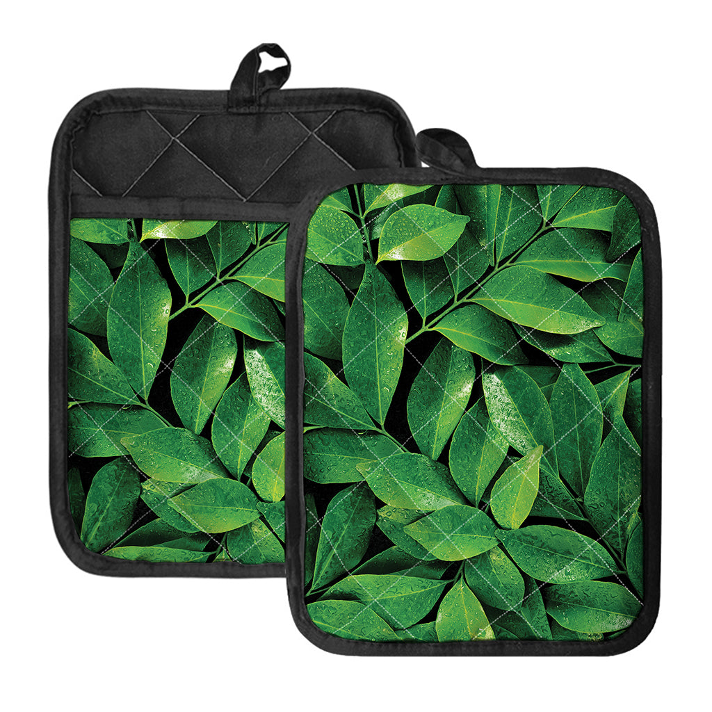 Fresh Green Leaf Print Pot Holders With Pocket