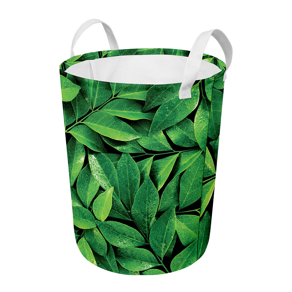 Fresh Green Leaf Print Round Laundry Basket
