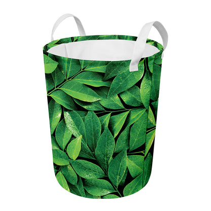 Fresh Green Leaf Print Round Laundry Basket
