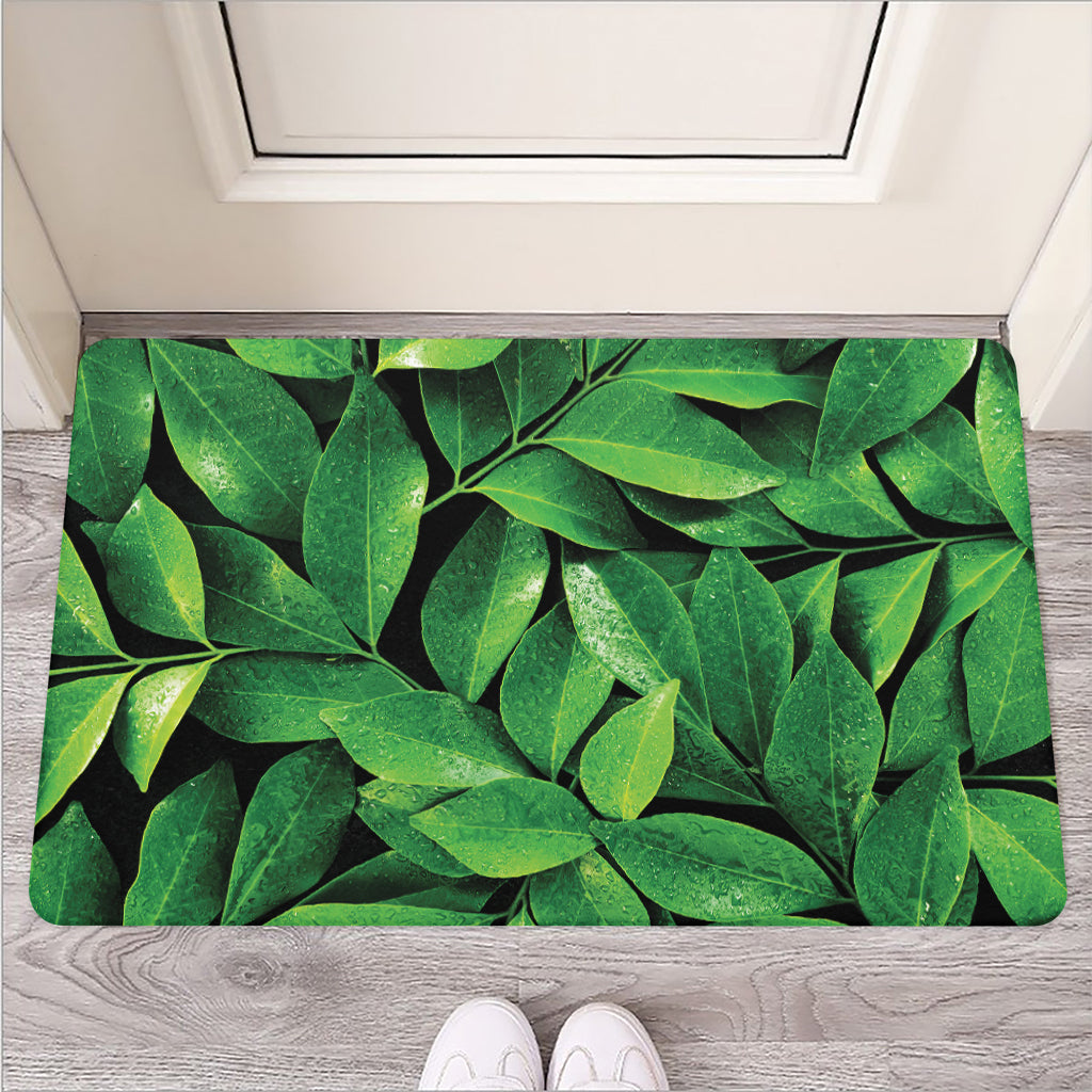 Fresh Green Leaf Print Rubber Doormat