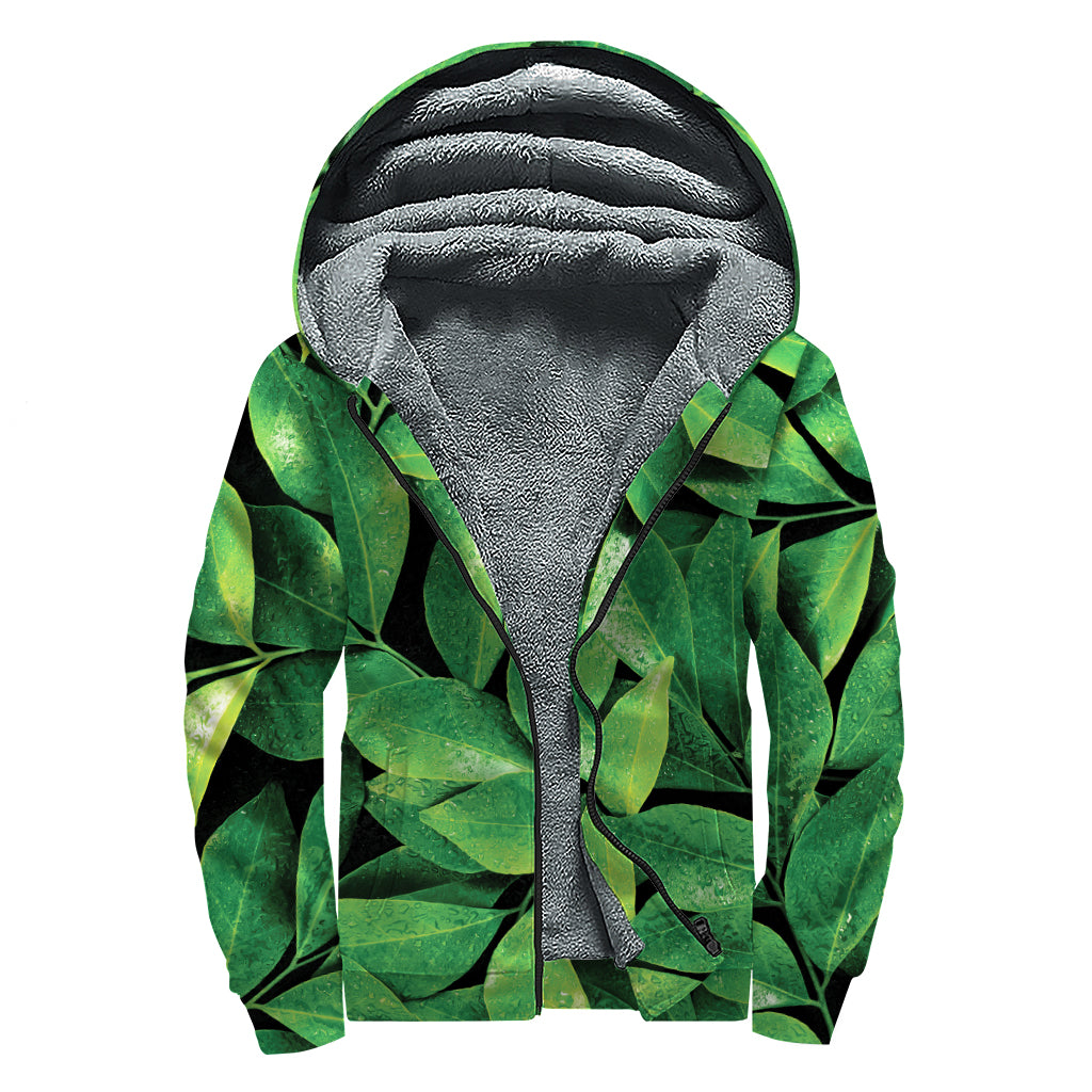 Fresh Green Leaf Print Sherpa Lined Zip Up Hoodie