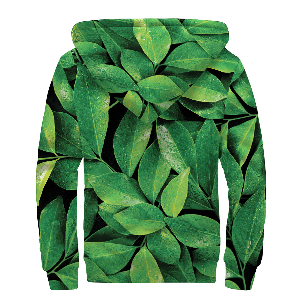 Fresh Green Leaf Print Sherpa Lined Zip Up Hoodie