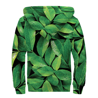 Fresh Green Leaf Print Sherpa Lined Zip Up Hoodie