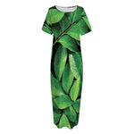 Fresh Green Leaf Print Short Sleeve Long Nightdress