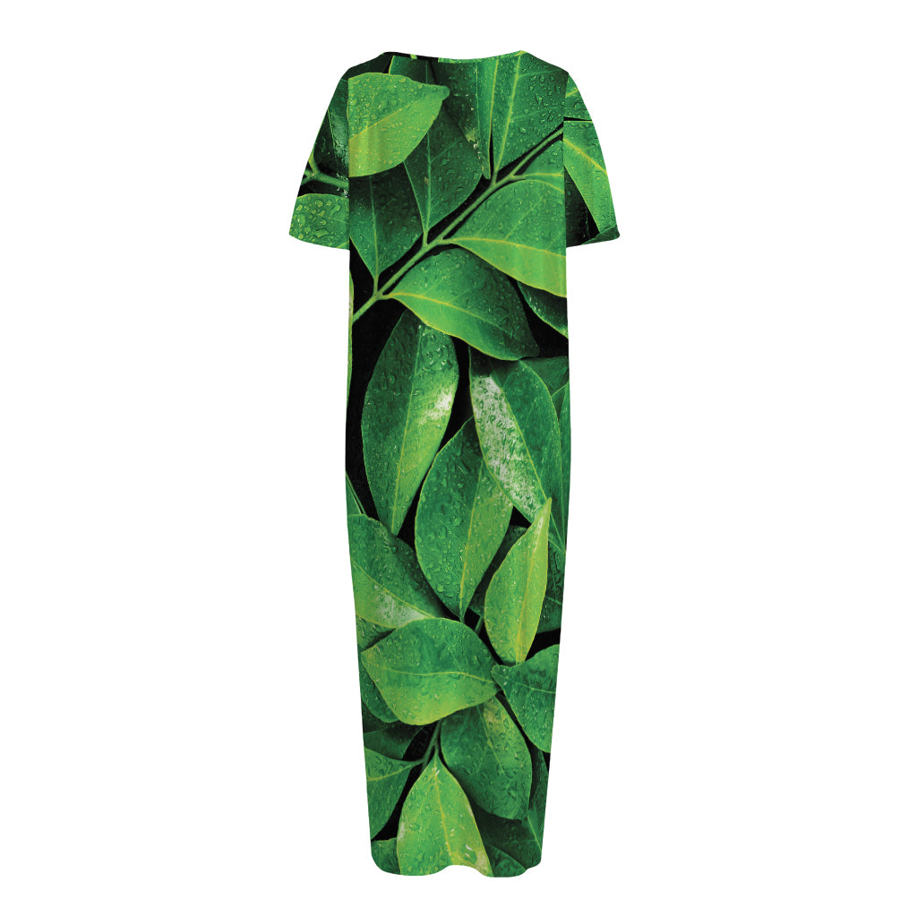 Fresh Green Leaf Print Short Sleeve Long Nightdress