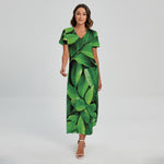 Fresh Green Leaf Print Short Sleeve Maxi Dress