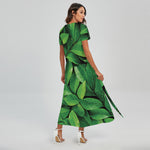 Fresh Green Leaf Print Short Sleeve Maxi Dress
