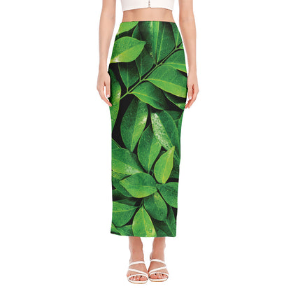 Fresh Green Leaf Print Side Slit Maxi Skirt