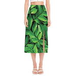 Fresh Green Leaf Print Side Slit Midi Skirt