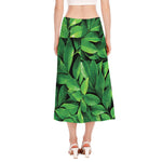Fresh Green Leaf Print Side Slit Midi Skirt