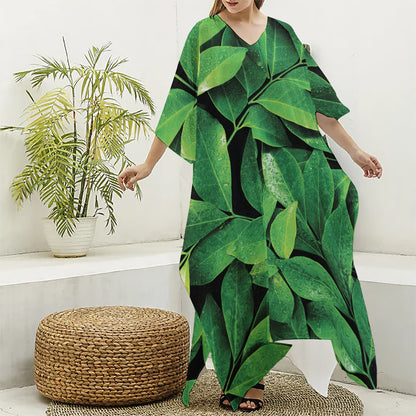 Fresh Green Leaf Print Silk V-Neck Kaftan Dress