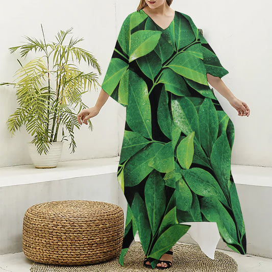 Fresh Green Leaf Print Silk V-Neck Kaftan Dress