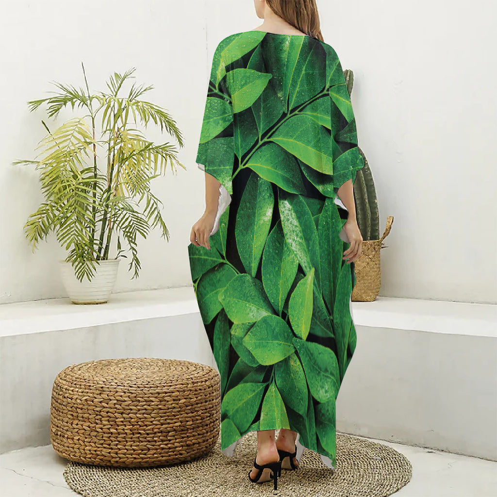 Fresh Green Leaf Print Silk V-Neck Kaftan Dress