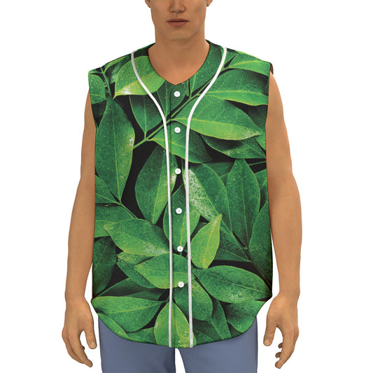 Fresh Green Leaf Print Sleeveless Baseball Jersey