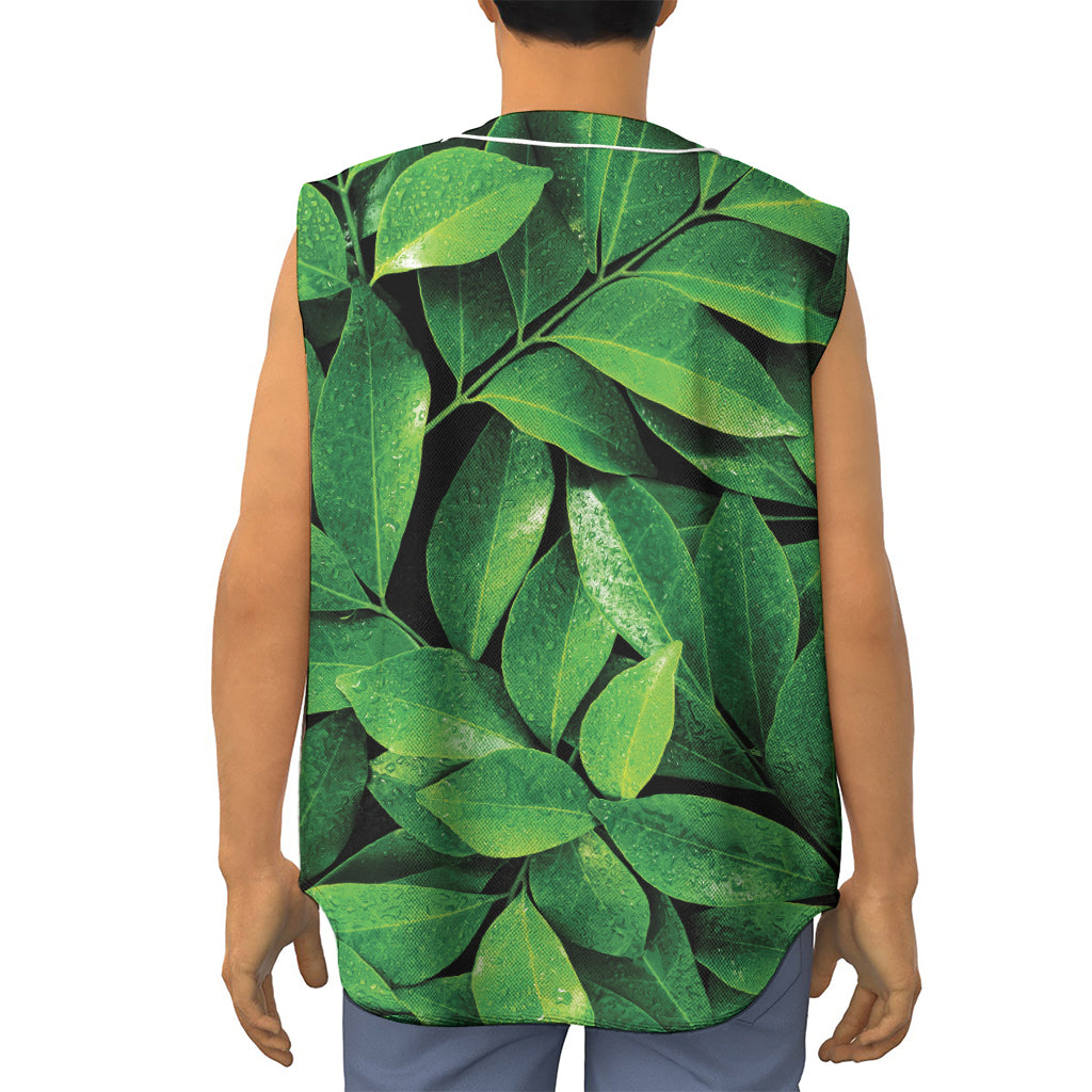 Fresh Green Leaf Print Sleeveless Baseball Jersey
