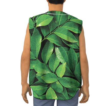 Fresh Green Leaf Print Sleeveless Baseball Jersey