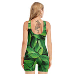 Fresh Green Leaf Print Sleeveless One Piece Swimsuit