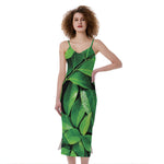 Fresh Green Leaf Print Slim Fit Midi Cami Dress