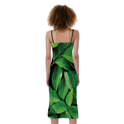 Fresh Green Leaf Print Slim Fit Midi Cami Dress