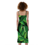 Fresh Green Leaf Print Slim Fit Midi Cami Dress