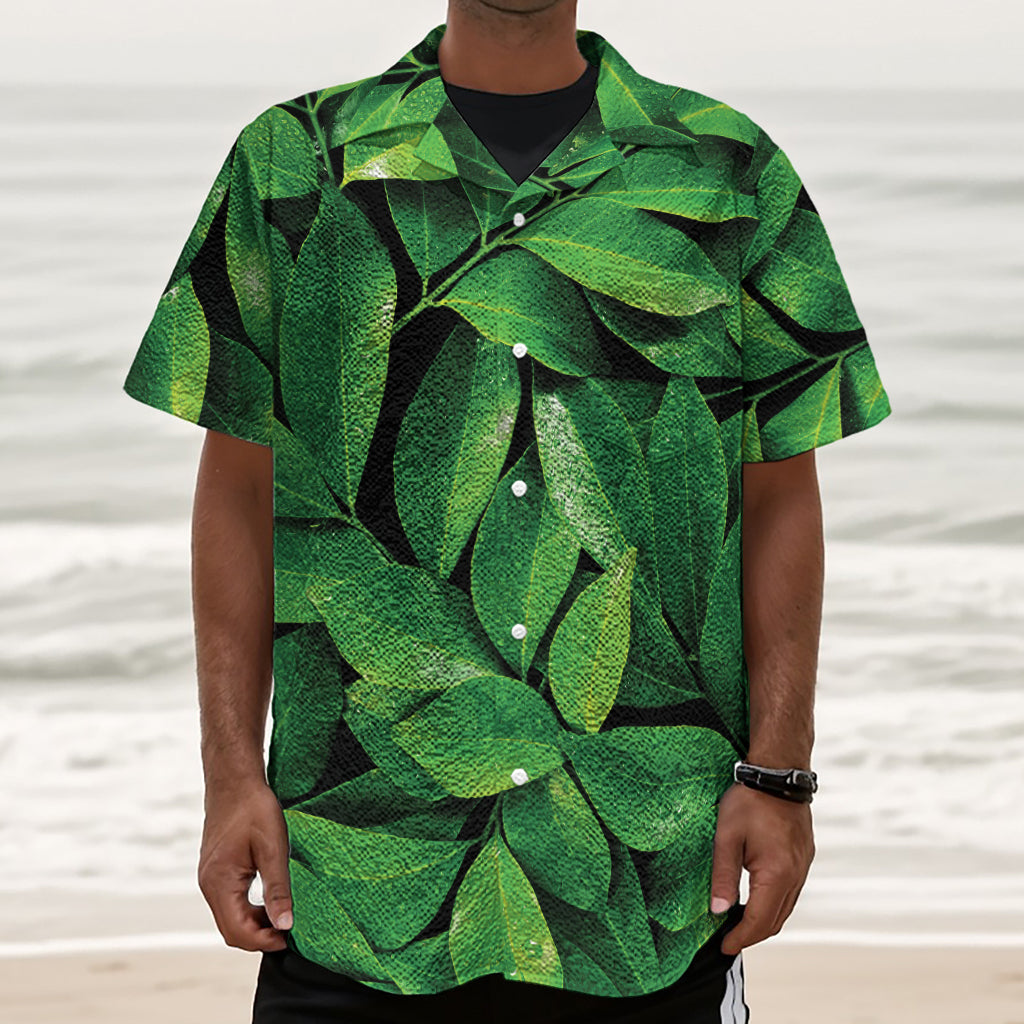 Fresh Green Leaf Print Textured Short Sleeve Shirt