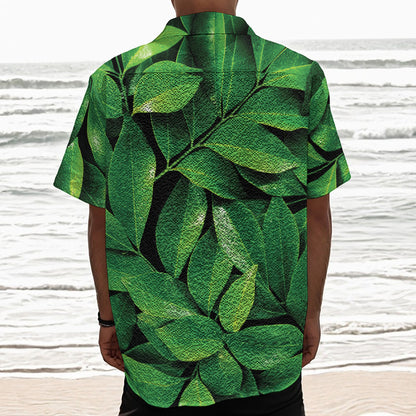 Fresh Green Leaf Print Textured Short Sleeve Shirt