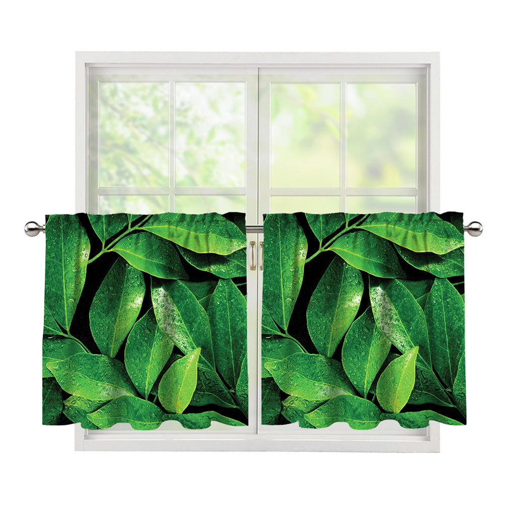 Fresh Green Leaf Print Tier Curtains