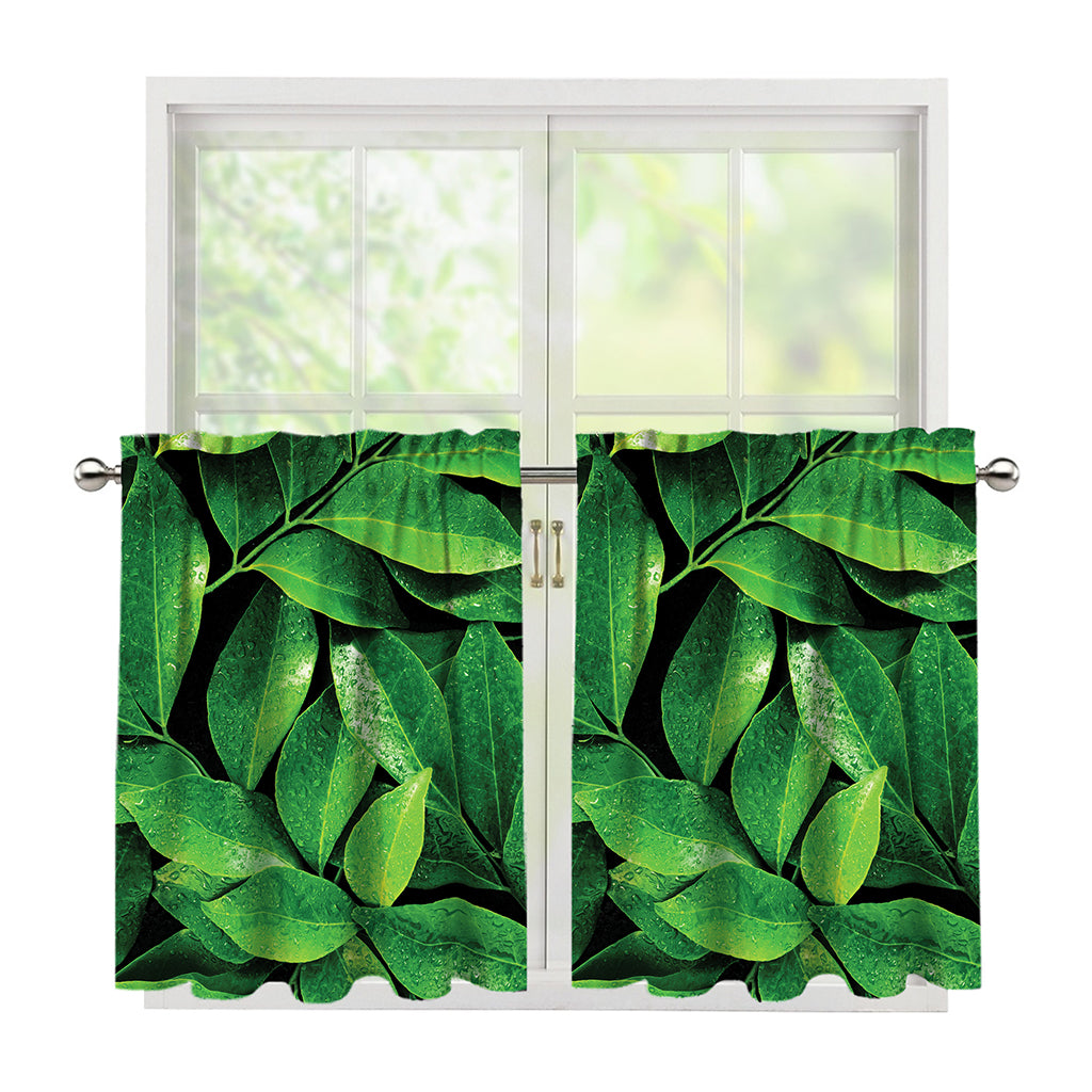 Fresh Green Leaf Print Tier Curtains